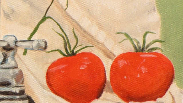 Tomatoes by the Sink - oil on canvas, 8" x 8" - SOLD